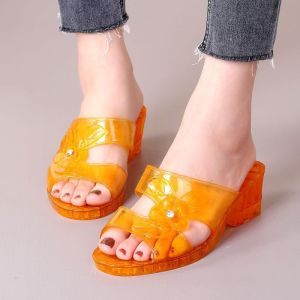 Free Shipping WomenS High-Heeled Crystal Jelly Plastic Wedge Sandals Suitable For Summer Wear With A Mid-Heel Fashionable Design And Non-Slip Chunky Heel