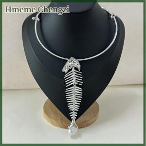 Hmeme Novelty Design Alloy Big Fish Bone Pendant Choker Necklace For Women Fashion Exaggerated Necklace Jewelry Accessories Gift