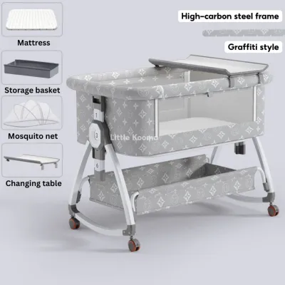 Baby Crib with Changing Table & Mosquito Net Height Adjustable Cradle & Mobile Bed Foldable Washable