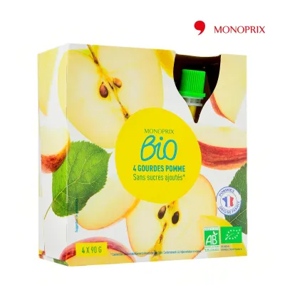 Monoprix Organic No Added Sugar Apple Compote (Applesauce Puree) 4X90G
