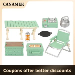 【 CANAMEK 】 Simulation Mini Picnic Camping Set Dollhouse Outdoor Scene Decor Folding Tables Chair Stool Cassette Stoves Kid Pretend Play Toy