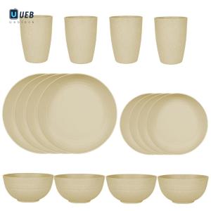 Ueblock✈ 16Pcs Portable Cutlery Set Reusable Wheat Straw Dinnerware Suit Lightweight Dish Cup Bowl Set for Home Gathering Party