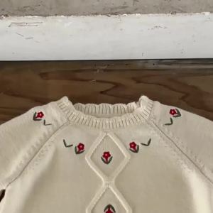 SDSXSpring Ins Baby Girls Cotton Sweater Red Floral Embroidery Newborn Girls Pullovers Loose Soft Long Sleeve Infant Girls KnitwearFYK