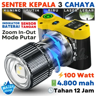 Senter Kepala 3 Warna Cahaya / Sensor Tangan / Teleskop / 100 Watt / 1800mAh / Tahan 8 Jam / Headlamp 3 Warna ZXT-1832-3 Premium / ZXT-818-1 / ZOOM Q8