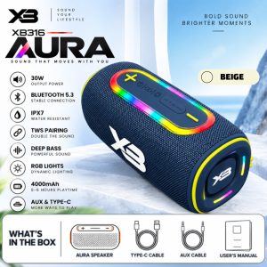 XB316 Aura Portable Wireless Speaker with 30W Output Bluetooth 5.3 RGB Lighting and Deep Bass Sound