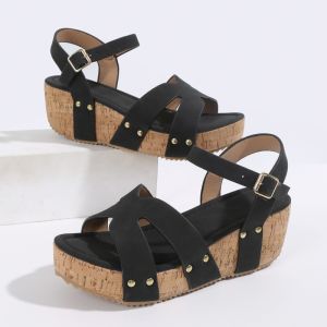 [Free Shipping] New Summer Studded High-Heeled Sandals 2026 Casual Wedge-Heel Round-Toe Thick-Soled Single-Strap Roman Sandals