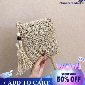 【Chinatera】Comfortable Womens Woven Beach Casual Shoulder Bag with Tassels Solid Color Crossbody Purse for Summer Days