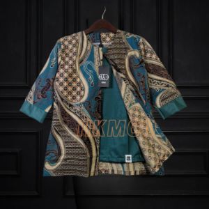 Baju Blus Batik wanita Modern Simple Kerja Kantoran garis bunga Halus Atasan Jumbo Lengan 3/4 Hijau