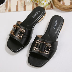 [Free Shipping] Stylish And Comfortable WomenS Square-Toe High-Heeled Sandals WomenS Slippers Elegant And Versatile With Metal Decorative Buckles