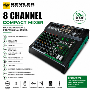Kevler RMX-8 8 Channel Professional Audio Mixer 🎚️ | Bluetooth USB Recording | 32bit DSP Effects | 48V Phantom Power | Karaoke / Live / Studio Mixer Audio Mixer 8 Channel Bluetooth USB Recording  | 32bit DSP Effect