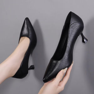 [LS] Stilleto Heels Black Formal Office Shoes Pointed Toe Soft Leather and Bottom Close Shoes with Heels