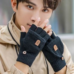 PENGA Thick Knitted Gloves Driving Gloves Solid Color Fingerless Gloves Simple Touchscreen Half-finger Gloves Male