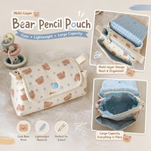 STYLETENK Bear Printed Pencil Pouch Multi-Layer Button-closure Pen Bag Cute Large Capacity Pencil Case Students Supplies