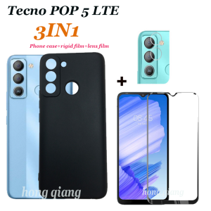 3 in 1 For Tecno POP 5 LTE Black Frosted Phone Case + Full Screen Tempered Glass + Lens Film