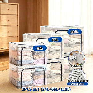 Transparent Foldable Storage Box 3Pcs Set Clothes Organizer with Steel Frame Wardrobe Home Storage Container