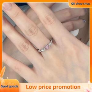 ✨QK shop✨ Silver Color Ring Pink Heart Opal Creative Finger Ring Vintage Aesthetic Cute Punk Rings For Women Charm Jewelry Accessories