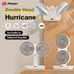 [In Stock] N-Power Dual Head Fan LED Display Oscillating 4000mAh Rechargeable Double-headed Small Desktop Fan 4-speed Adjustable