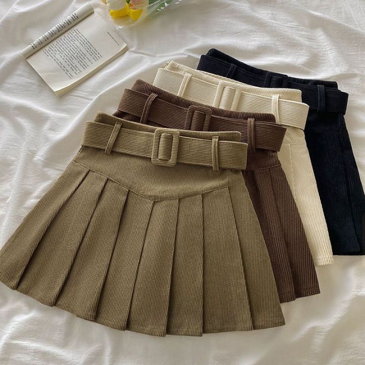 Ladies Corduroy Short Pleated Skirt with Belt Casual A Line School Girls  Chic