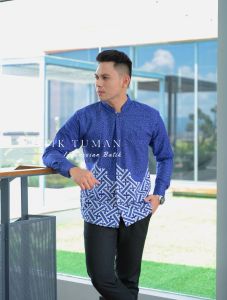 OMAR Slimfit Baju Koko Muslim Batik Cap Dewasa Lengan Panjang Warna Blue Navy Dongker Putih Bahan Katun Halus Berkualitas