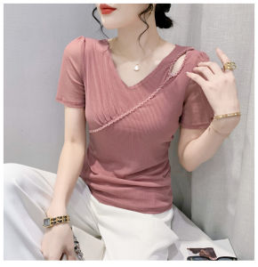 Yimei 2023 mùa hè mới cổ chữ V Áo Phông Ngắn Tay Phong Cách Phụ Nữ với đầu đính cườm chạm khoét gấp lại thiết kế phong cách nhỏ lót cho nữ