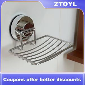 【ZTOYL】 Suction Cup Soap Dish No Drill Wall Mounted Drainage Rack Bathroom Soap Holder Stainless Steel Grid Organizer For Home Bathroom Shower Vanity