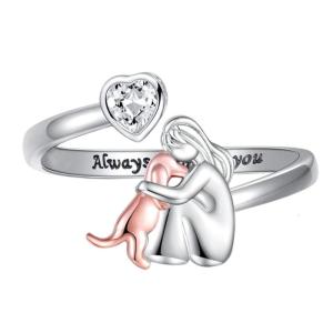 Girl and Dog Heart Shaped Open Rings Customizable Sizing Portable Electroplated Ideal for Daily Wear