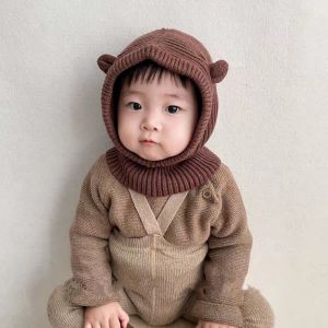 FLYING Cartoon Ears Baby Beanie Hat Solid Color Ear Protection Knit Balaclava Hat Korean Style Thickened Kids Scarf Cap Winter