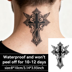 ลายสักสมุนไพรรูปกางเขนและนางฟ้า สติ๊กเกอร์สักกันน้ำ ติดทนนาน สไตล์ดั้งเดิม ลึกลับ สำหรับผู้ชายและผู้หญิง สติ๊กเกอร์สักแขนและขา