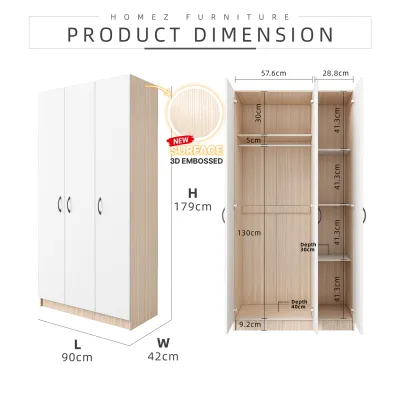 KitchenZ 3FT 3 Door Wardrobe Solid Board with 6 Shelves- HMZ-FN-WD-6001/6021
