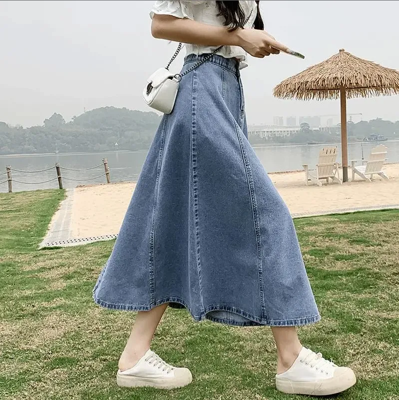 FairyTaill Vintage Splicing Long Denim Skirts Jeans Summer Elastic