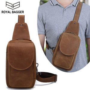 Royal Bagger Genuine Cow Leather Cowhide Retro Crossbody Chest Bag Mens Crazy Horse Leather Sports Casual Shoulder Bags Retro Outdoor Travel