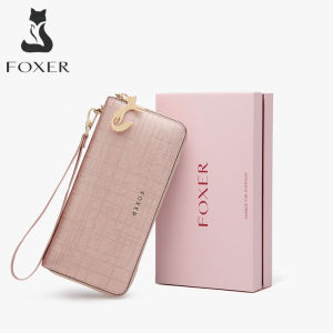 FOXER Dompet Kulit Asli Dompet Ritsleting Wanita Dompet Panjang Dengan Slot Multi-Kartu
