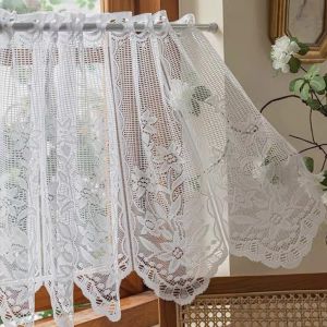 Sheer Lace Curtain Ring Top Wave Hem Half Window Panel Dapur Cafe Bathroom Privacy Light Filter Rumah