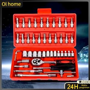 SUPERMARKET IMPORT EKSPOR Kunci Shock 46 Pc Set Socket 1/4 Full Lengkap Tool Kit Pas Ring L Motor Mobil Best Kunci Socket 46 pcs 1 set Car Motorcycle Complete Socket Tool Set Universal