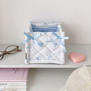NEXTYOO Hình vuông Hộp đựng đồ Vải bông chần Nơ chấm bi Hộp đựng mỹ phẩm và đồ ăn vặt Dễ thương Hoạt hình Giỏ đựng đồ để bàn Trang trí nhà cửa
