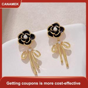 【CANAMEK 】 Fashion Elegant Black Camellia Flower Bow Pendant Stud Earrings For Women Jewelry Accessories Gifts