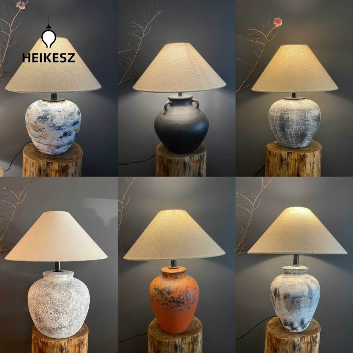 HEIKESZ Creative Silent Style Pottery Pot Table Lamp Retro Model Room  Homestay Hotel Japanese Style Living Room Bedroom Ceramic Bedside Table  Lamp