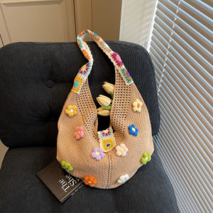 Vintage Floral Crochet Shoulder Bag Soft Cotton Woven Tote Bag Flower Decor Shoulder Bag