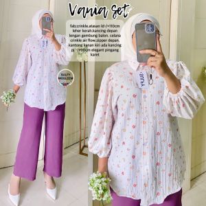 VANIA SET CRINKLE MOOTIF BUNGA KECIL LENGAN BALON ELEGANT PREMIUM
