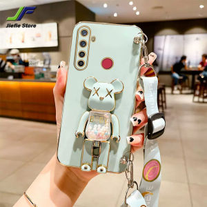 JieFie สำหรับ OPPO Realme 2 Pro/ 5 / 5S / 5i / 5 Pro / 6i / 7 Pro/ 7 / 10 / 10 Pro + / 10 Pro Plus / 10 Pro Plus / 10 Pro 4G 5G ที่หุ้มโทรศัพท์ TPU แบบน่มชุบโครเมี่ยมสุดหรูเคสโทรศัพท์หมีของเล่น + ขาตั้งและสายคล้อง