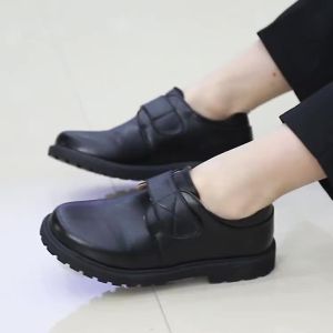 Boys Leather Shoes Childrens Student Toddler Children Teens Black White Hook & Loop Strap Campus Performance Casual Leather Shoes ㏇L0514