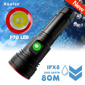 Asafee AF07D-P70 Powerful LED Flashlight XHP70 Diving Flashlight 2400LM Torch Underwater 80M IPX8 Waterproof Light USB Charging Lantern Dive Light Use 26650/18650
