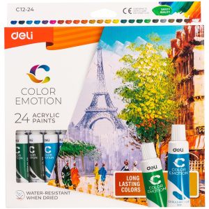 Màu nước Acrylic dạng tuýp 12ml Deli - 12/24 màu vẽ được trên canvas vải gỗ...bám dính tốt trên nhiều vật liệu