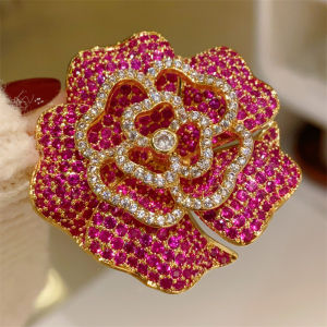 Salime Retro Micro-inlaid Rhinestone Rose Red Camellia Brooches For Women Clothing Coat Jewelry Accessries Gifts