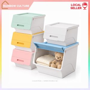 【Rainbow Culture】 Flip Open Storage Box Stackable Plastic Organizer with Folding Lid for Toys Clothes and Snacks