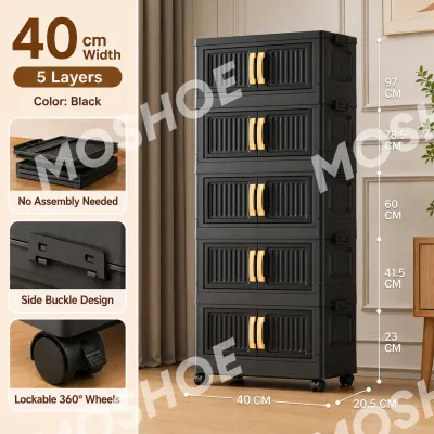 MOSHOE Foldable Flip Top Storage Cabinet Durable Drawer Cabinet Home Organizer With Wheels Plastic Durabox