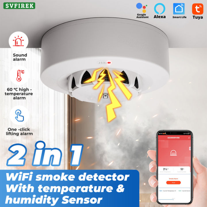 Tuya WiFi Smart Smoke Alarm Detector 2 IN 1 Temperature Sensor Fire ...