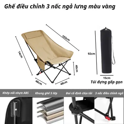 Ghế dã ngoại cắm trại 3 chế độ ngả lưng gấp gọn ghế nằm ngủ trưa văn phòng bệnh viện câu cá có túi đựng mang theo tiện lợi