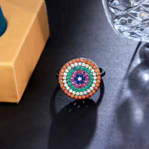 SEQUITO Korean Style Girly Finger Jewelry Black Gold Plated Full Inlay Rainbow Round AAAAA Cubic Zirconia Open Cuff Adjustable Nightclub Ring Clothing Accessories SR109