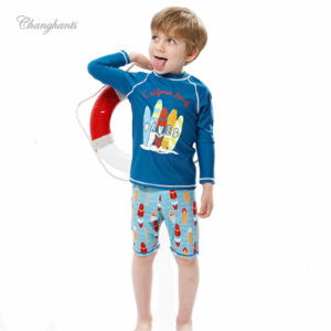 Swimming Suit for Kids Boy Children Blue Rash Guard Two Pieces Swimwear for Child with Swim Cap Long Sleeve Beachwear for Baby Swimming Outfit for Kids